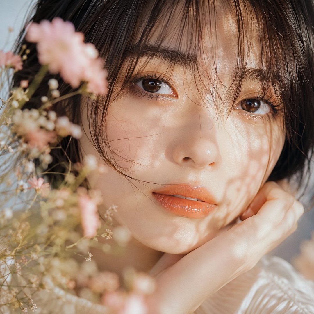 A close-up portrait of a young woman with short brown hair and bangs, looking directly at the camera with soft sunlight dappling her face through leaves, holding delicate pink flowers.