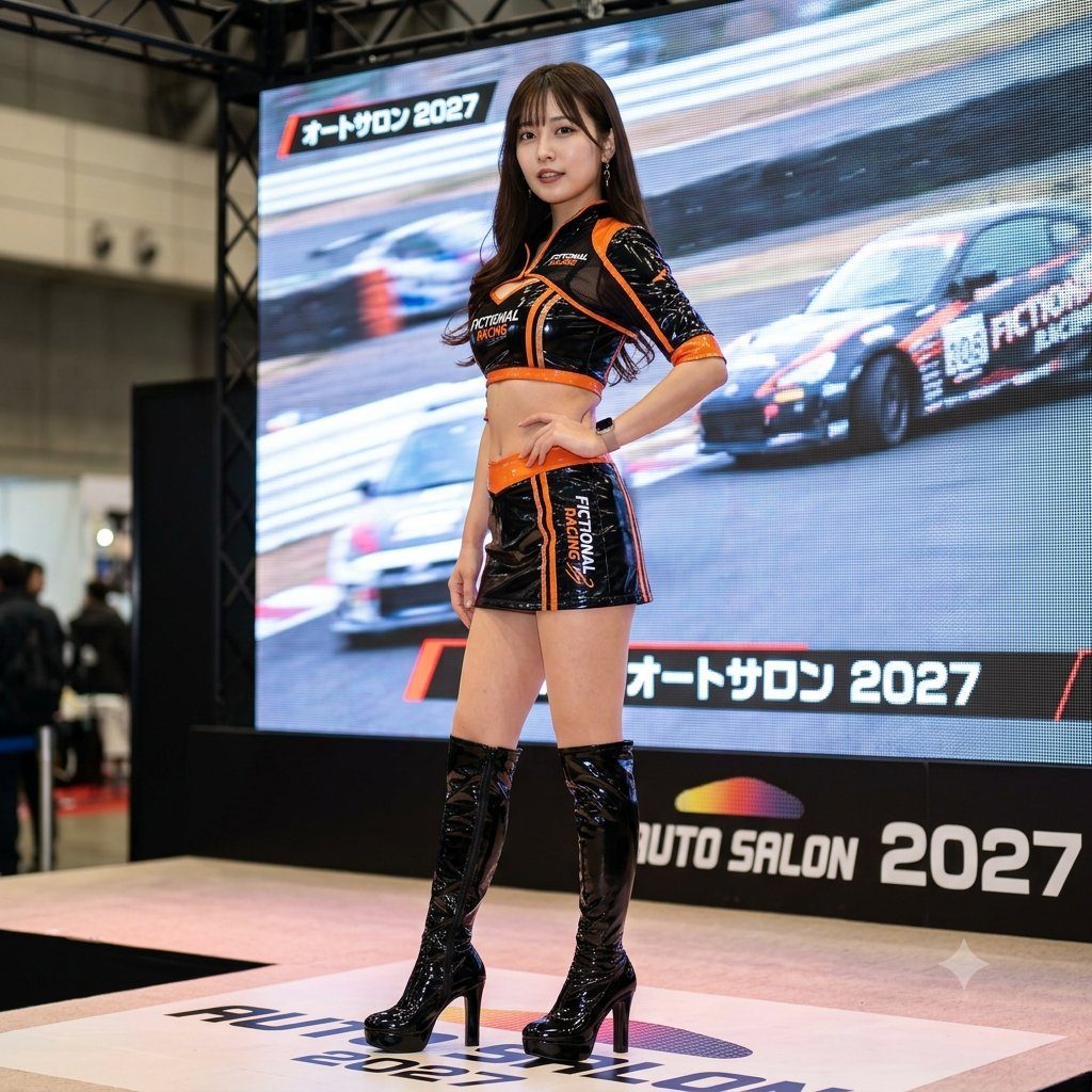 A photorealistic image of a Japanese woman dressed as a race queen in a black and orange outfit, standing on a stage with a large screen displaying racing cars in the background.
