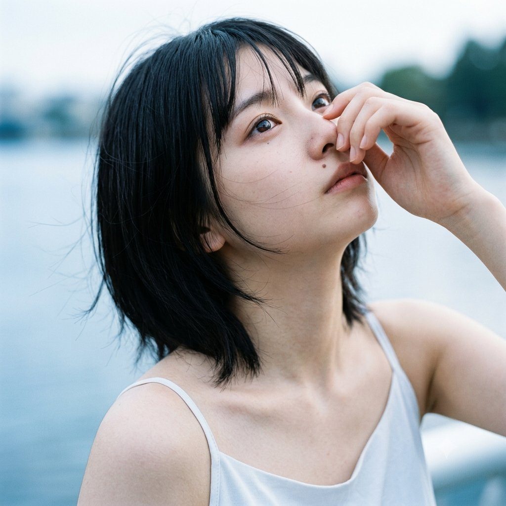 A photorealistic portrait of a young woman with short black hair and bangs, wearing a light-colored camisole, looking upwards with a serene expression.