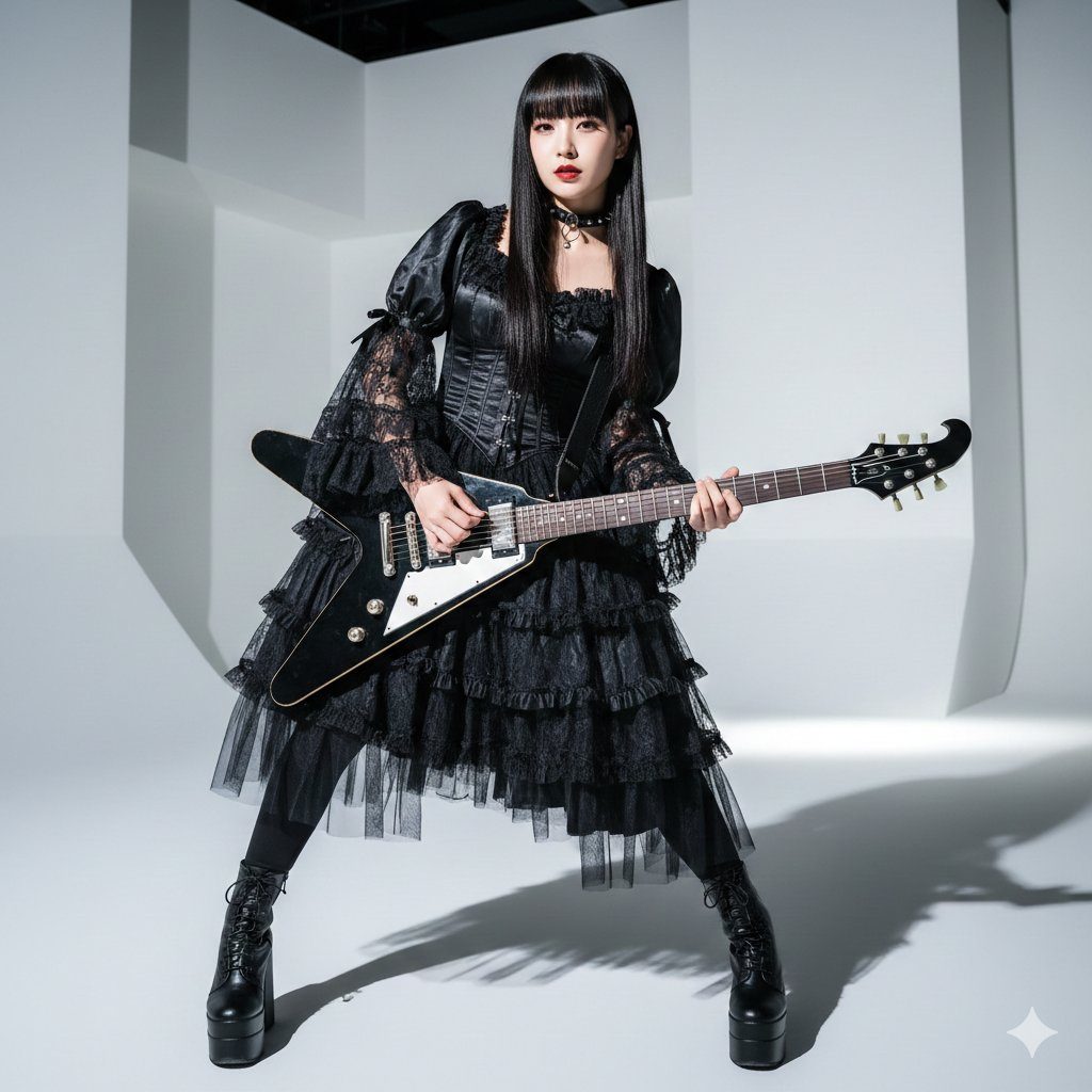 A woman with long black hair and bangs, dressed in a black gothic lolita style dress, plays an electric guitar in a white studio.