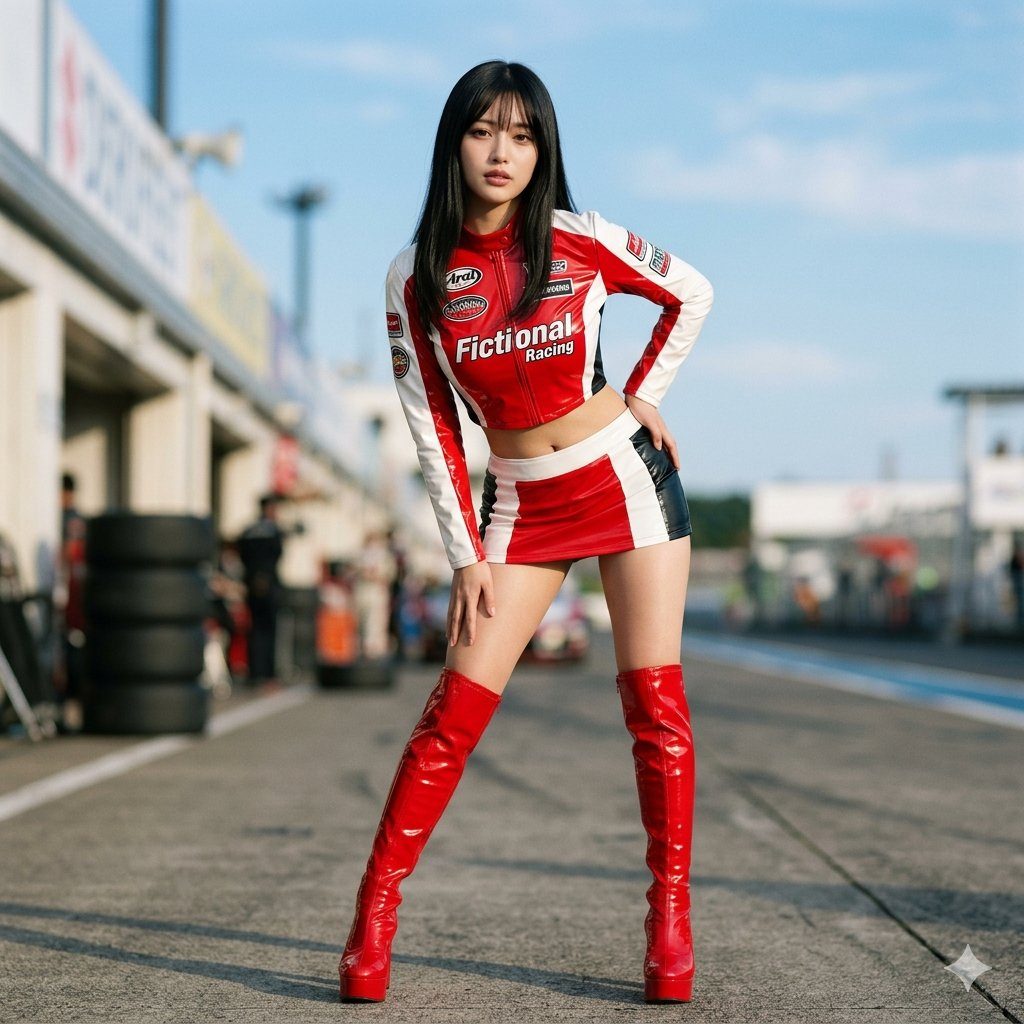 A woman in a red and white racing outfit and red thigh-high boots poses on a race track.