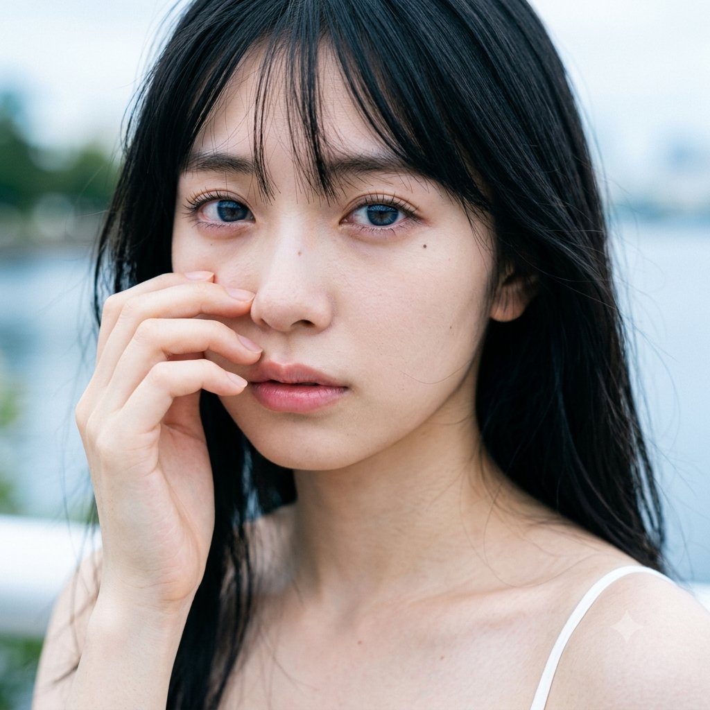 A close-up portrait of a young woman with long black hair and bangs, looking directly at the camera with a serene expression.