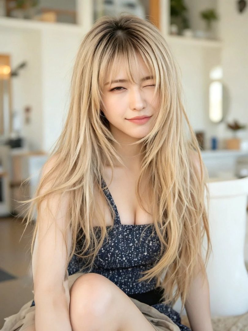 A young woman with long blonde hair and bangs winks at the camera while wearing a dark patterned dress indoors.