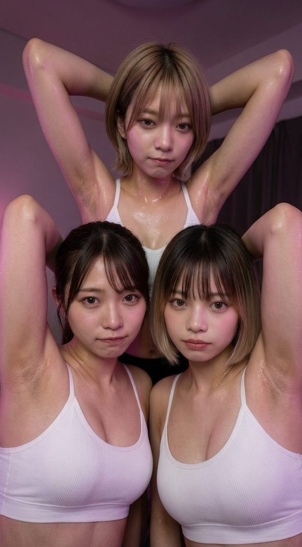 Three young women in white sports bras pose with their arms raised, appearing sweaty.