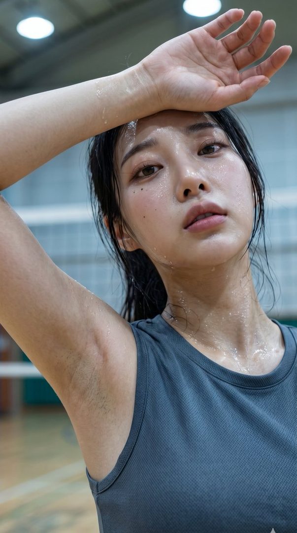 A close-up portrait of a sweaty woman in sportswear, wiping her forehead with her hand, in an indoor sports court.