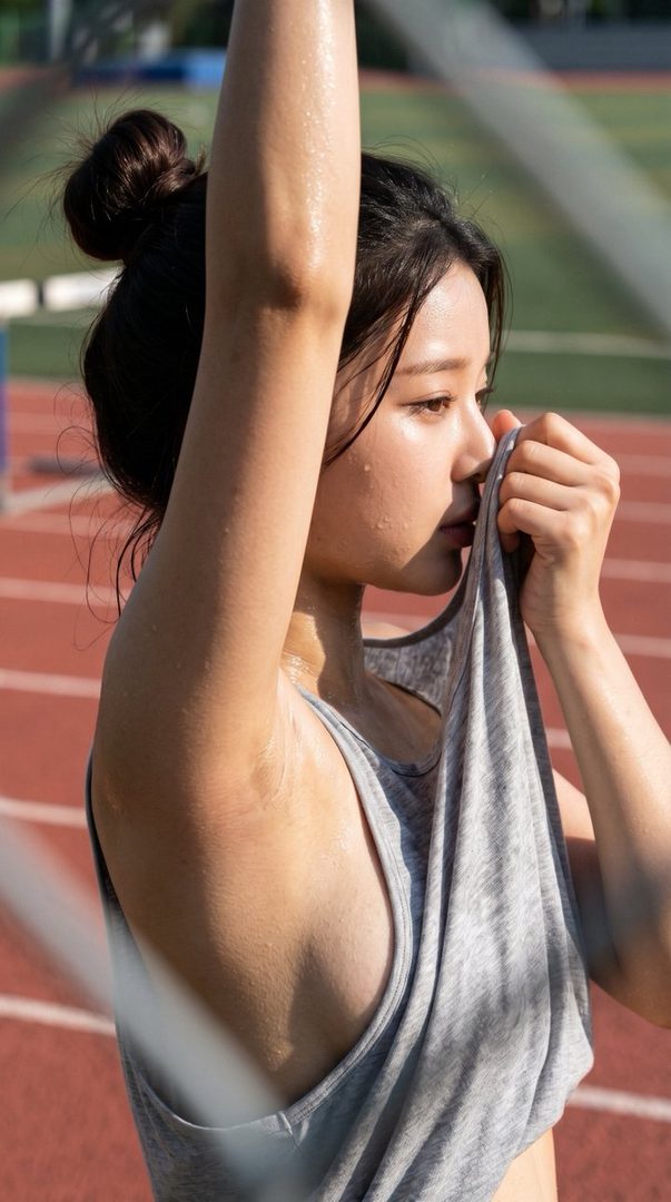 A sweaty woman in a grey tank top on a running track, wiping her face with her shirt.