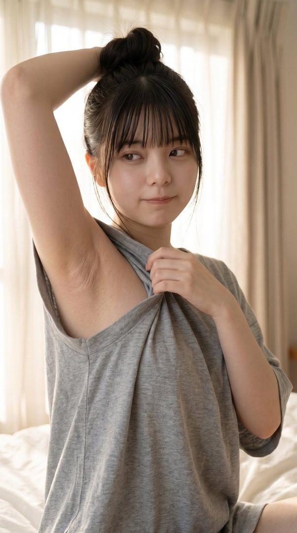 A young woman with black hair tied in a bun and bangs, wearing a gray t-shirt, raises her arm to reveal her armpit, looking to the side in an indoor setting.