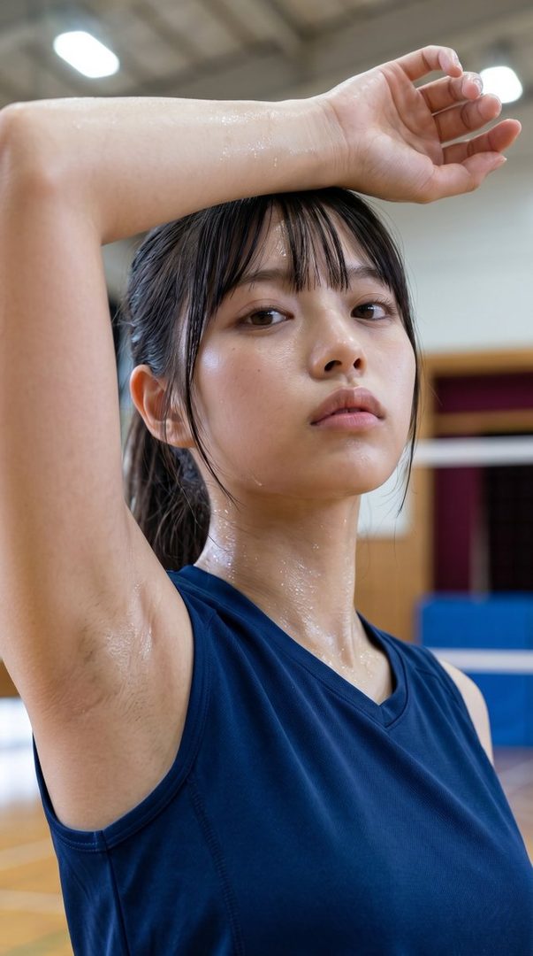 A young woman with black hair in a ponytail and bangs, wearing a blue sports top, is sweating after a workout in an indoor gym.