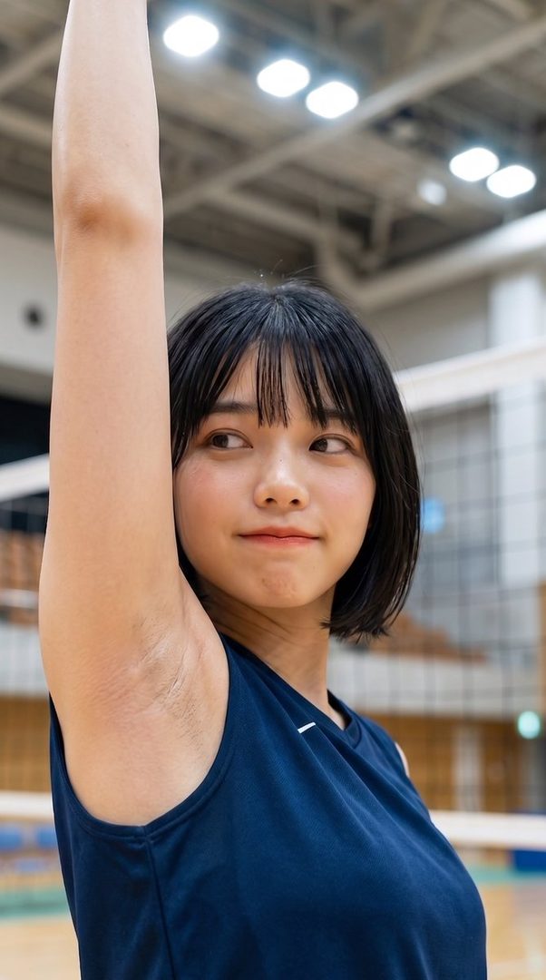 A young woman with short black hair and bangs, wearing a navy blue sports top, raises her arm in an indoor volleyball court.