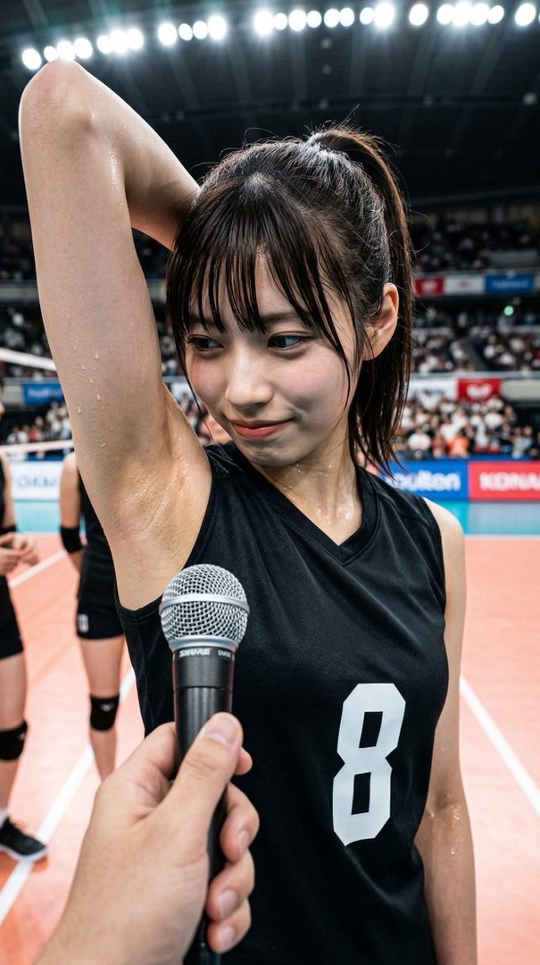 A young woman in a black sports jersey with the number 8 is being interviewed with a microphone, looking to the side with a slight smile.