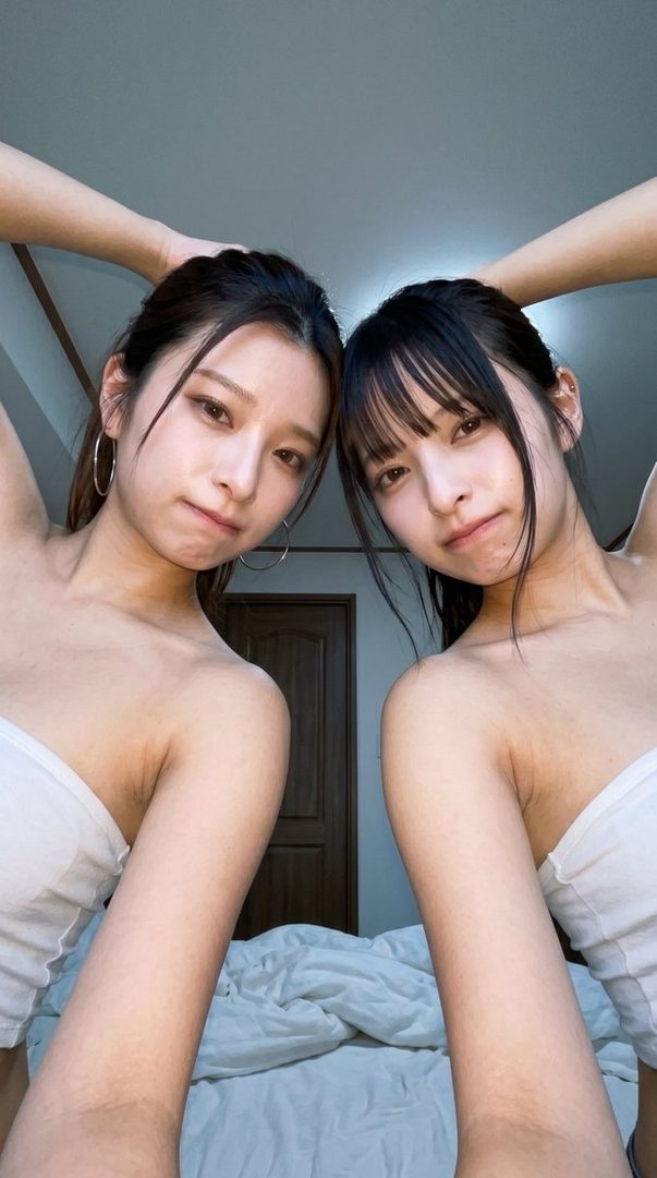 Two young women in white tops take a selfie indoors, looking directly at the camera with their hands behind their heads.