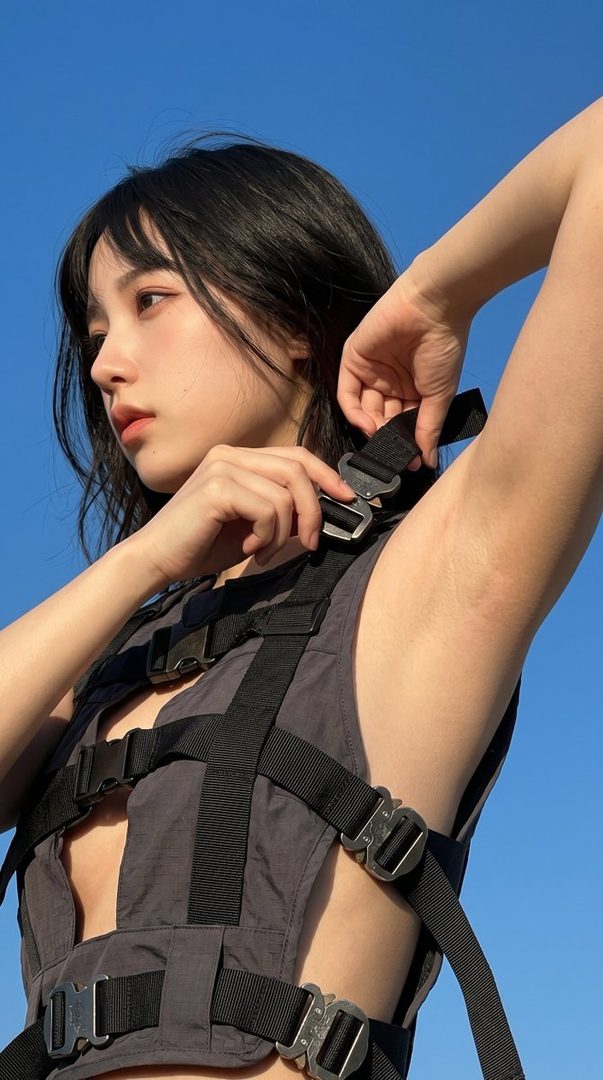 A young woman with black hair and bangs is adjusting a black harness-style top against a clear blue sky.