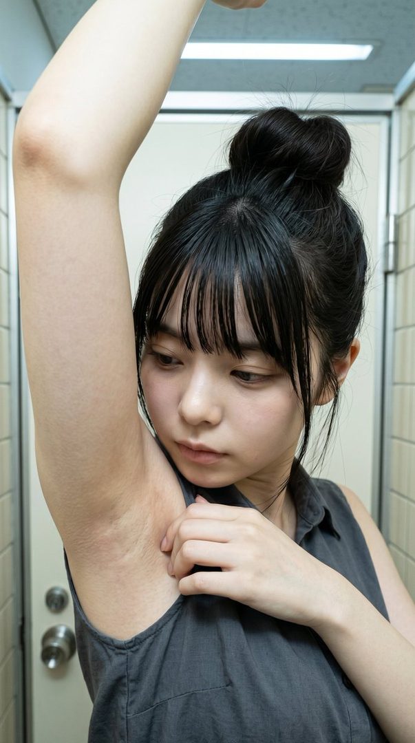 A young woman with black hair tied in a bun and bangs, wearing a gray sleeveless top, raises her arm to reveal her armpit in an indoor setting.