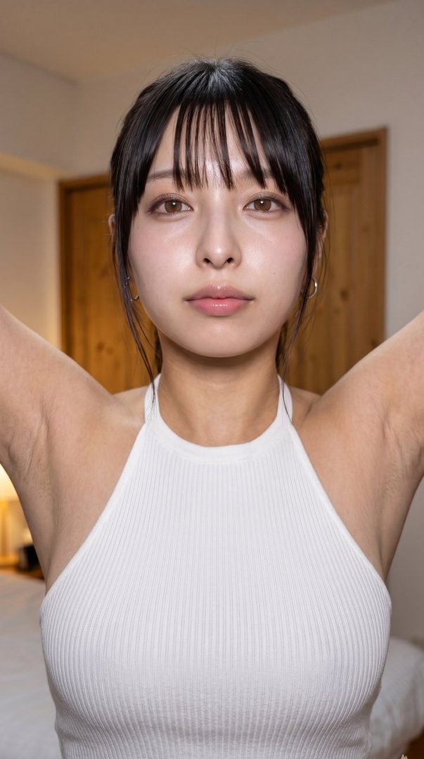 A close-up portrait of a young woman with black hair and bangs, wearing a white ribbed top, raising her arms.