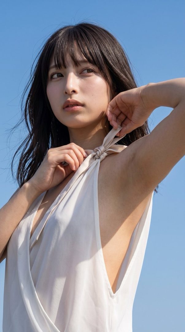 A beautiful Japanese woman with long black hair and bangs, wearing a light-colored dress, poses outdoors under a clear blue sky.