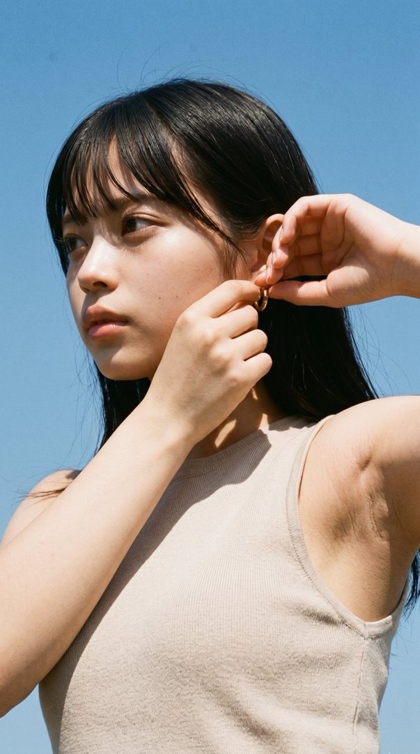 A young woman with black hair and bangs is adjusting her earring against a clear blue sky.