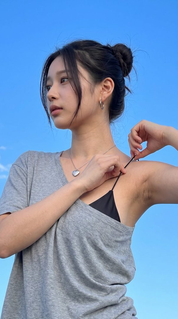 A young woman with black hair in a bun, wearing a gray t-shirt and a black bra, adjusts her bra strap against a clear blue sky.