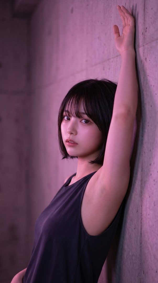 A young woman with short black hair and bangs leans against a concrete wall with purple lighting, looking directly at the camera.