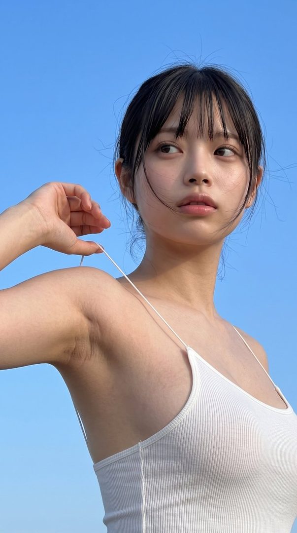 A young woman with black hair and bangs, wearing a white tank top, looks away against a clear blue sky.