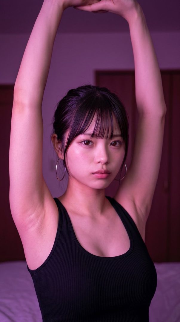 A young woman with black hair and bangs, wearing a black knit top, poses indoors with her arms raised above her head.