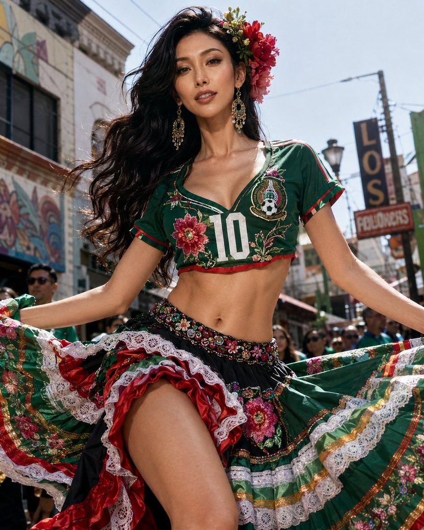 A woman with long black hair and flowers in her hair wears a green cropped jersey and a colorful skirt, dancing on a street.
