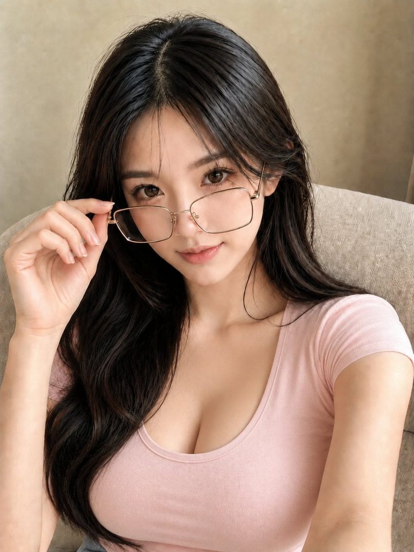 A beautiful East Asian woman with long dark hair and glasses poses for a portrait in a pink top.