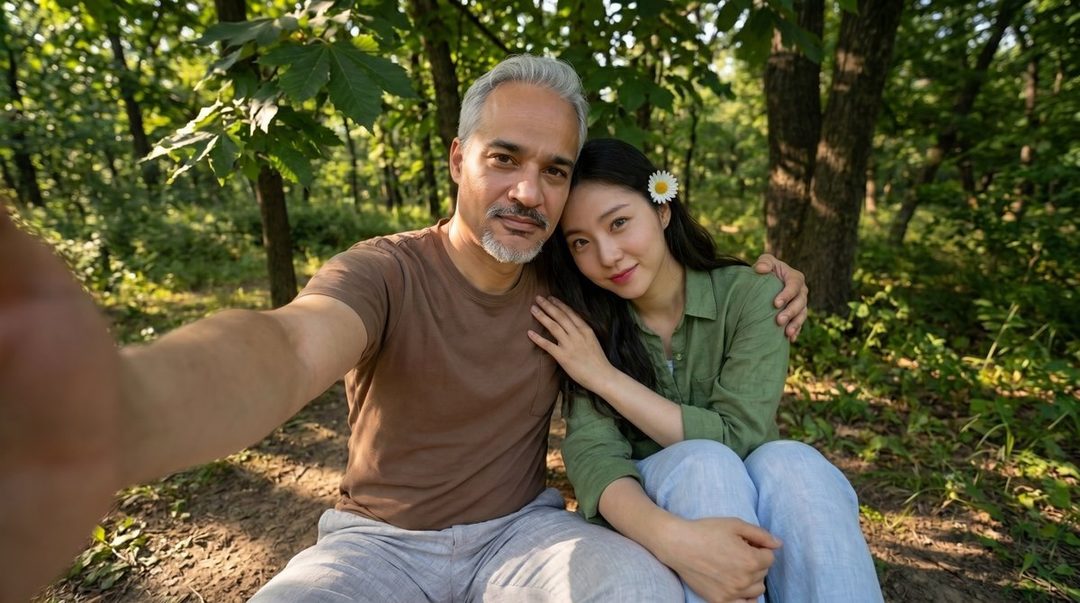 A man and a woman take a selfie together in a lush green forest, with the woman resting her head on the man's shoulder and a daisy in her hair.