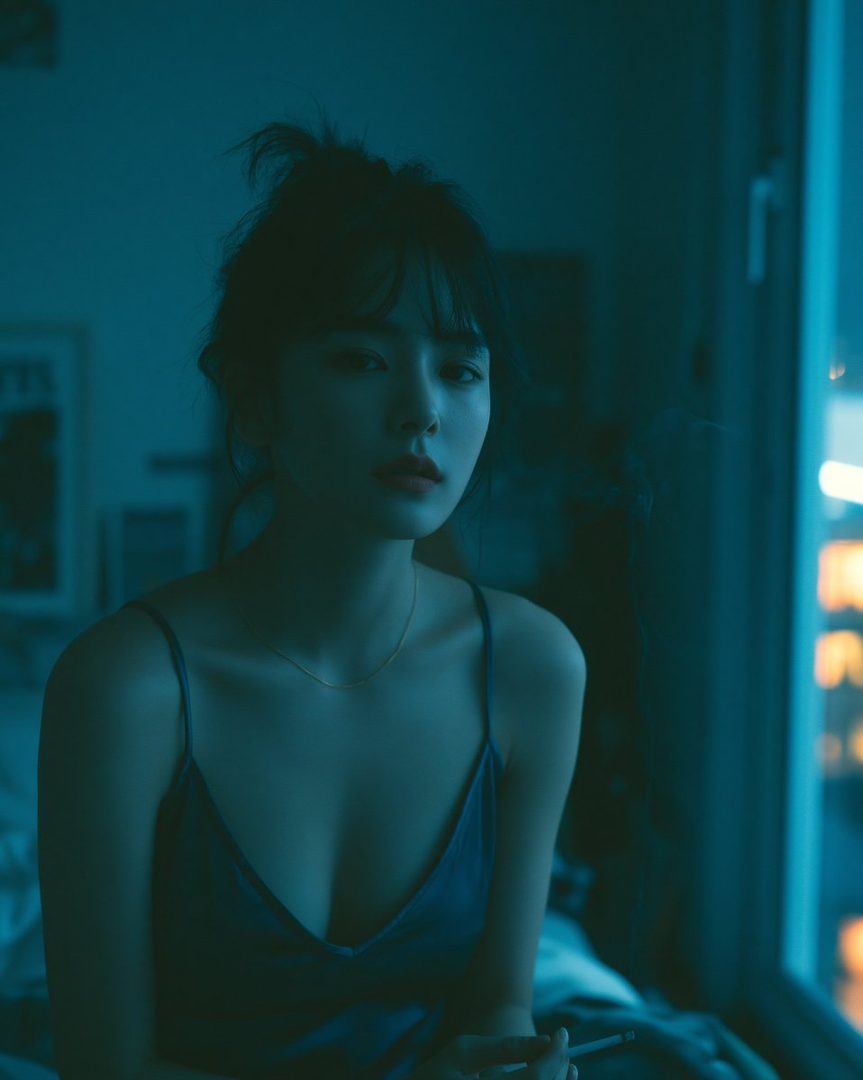A woman with dark hair and bangs, wearing a blue camisole, sits indoors at night with a cigarette, looking thoughtfully at the camera.