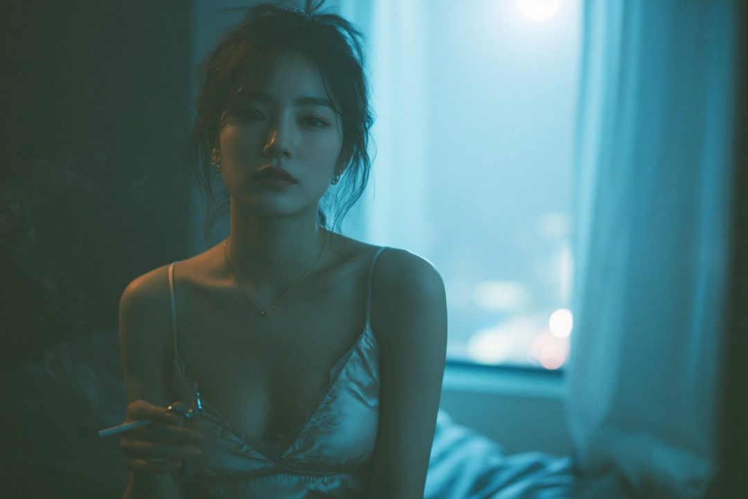 A woman with dark hair in a light-colored camisole holds a cigarette, looking directly at the viewer in a dimly lit room with a window in the background.