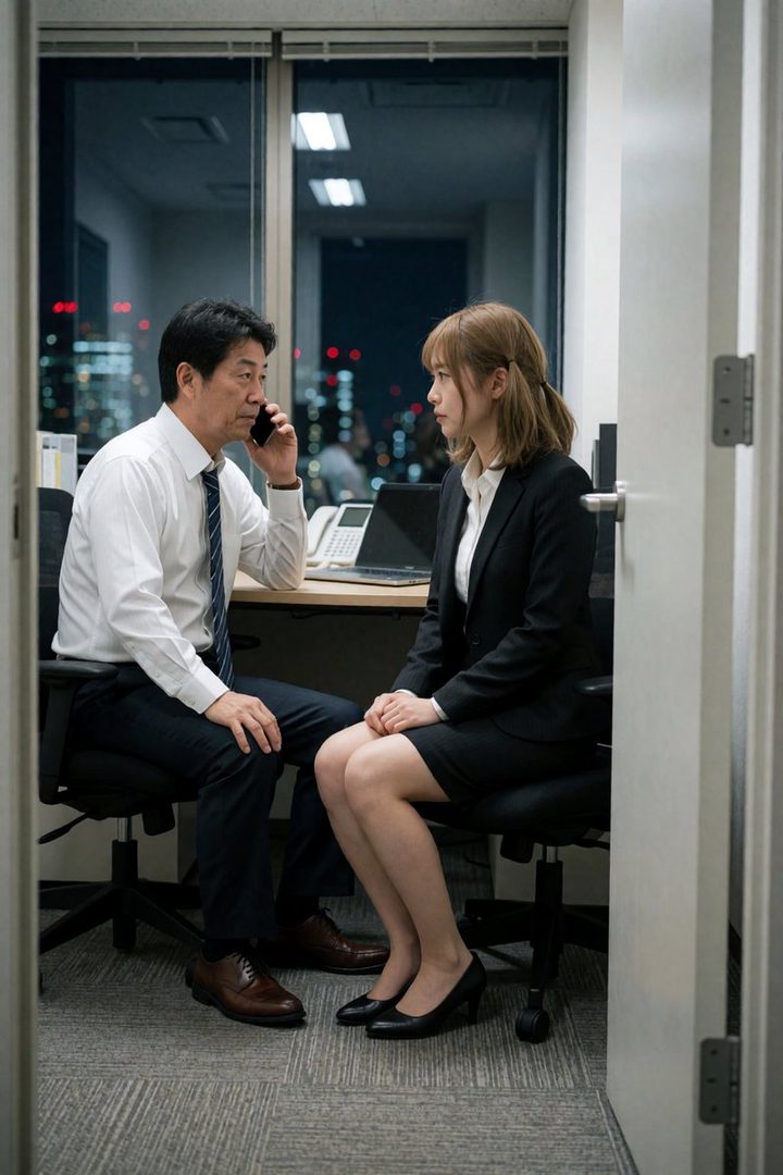 A man on the phone and a woman in a suit sit in an office at night, with city lights visible outside the window.