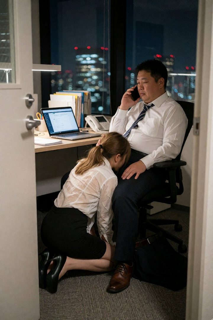 A woman in office attire kneels by a man's leg in an office at night, while the man is on a phone call.