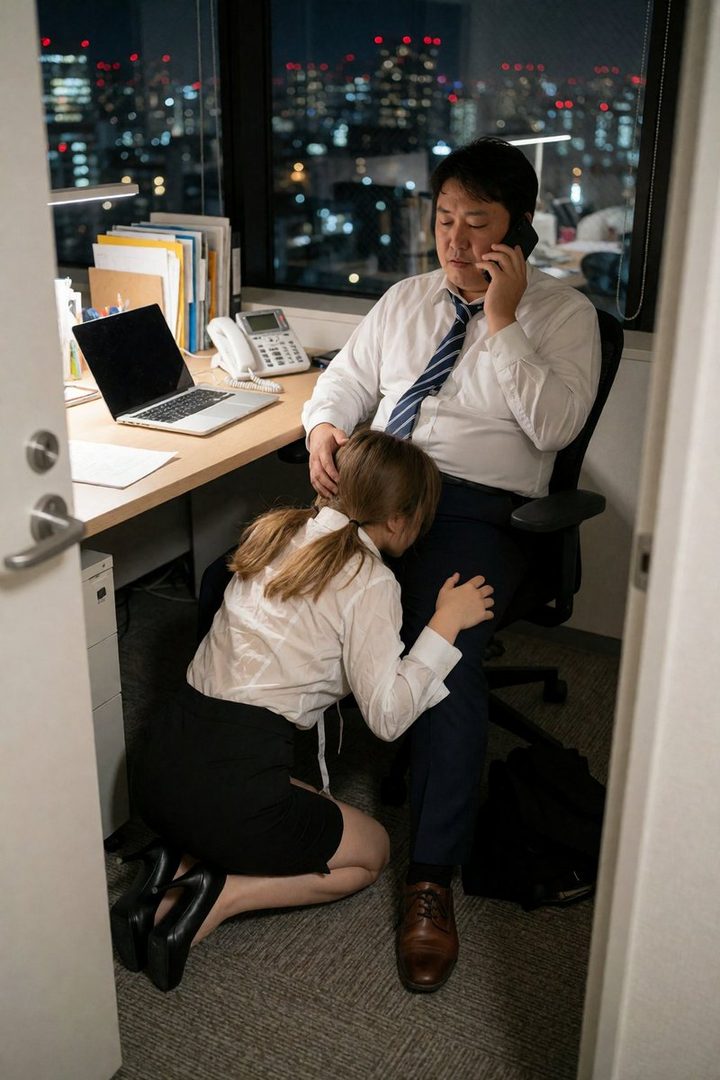 A woman kneels by a man's desk in an office at night, with city lights visible outside the window.