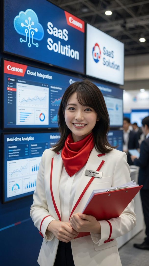 A smiling woman in a white and red suit stands in front of screens displaying "SaaS Solution" and data analytics.