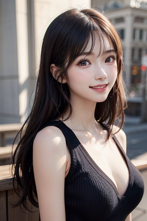 A photorealistic portrait of a young East Asian woman with long brown hair, wearing a black top, smiling outdoors.