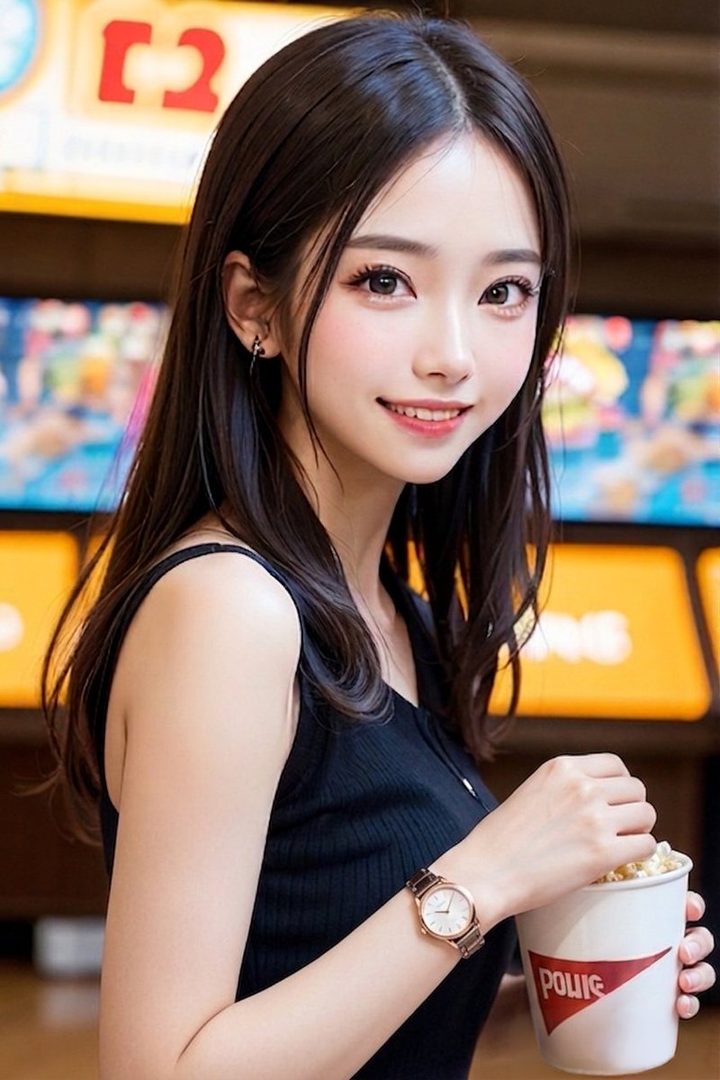 A young woman with long black hair and a black top smiles while holding a cup of popcorn indoors.