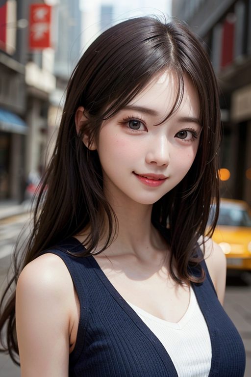 A photorealistic AI-generated portrait of a young woman with long brown hair, wearing a dark blue and white top, standing on a city street during the daytime.