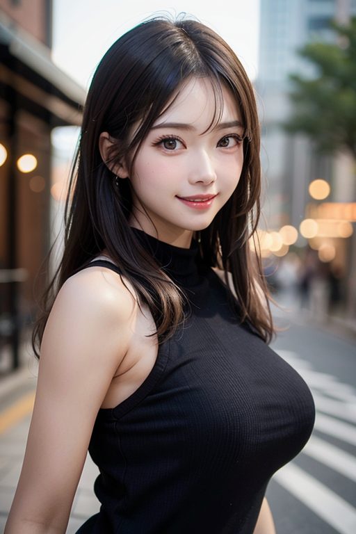 A photorealistic AI-generated portrait of a young woman with long brown hair and a black knit top, smiling on a city street.