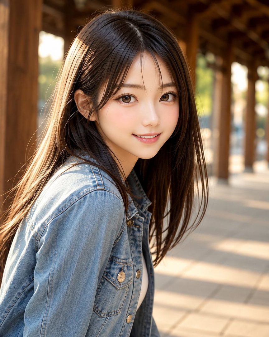 A photorealistic portrait of a young woman with long brown hair, wearing a denim jacket, smiling gently outdoors.