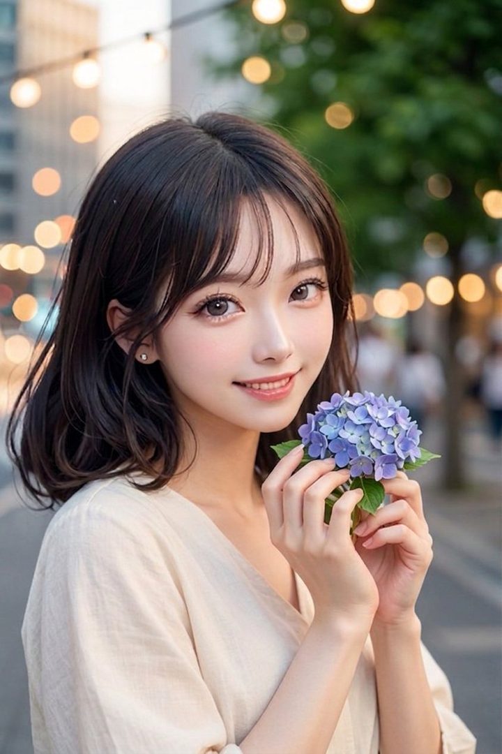 A beautiful East Asian woman with short black hair and bangs smiles while holding a purple hydrangea flower outdoors.