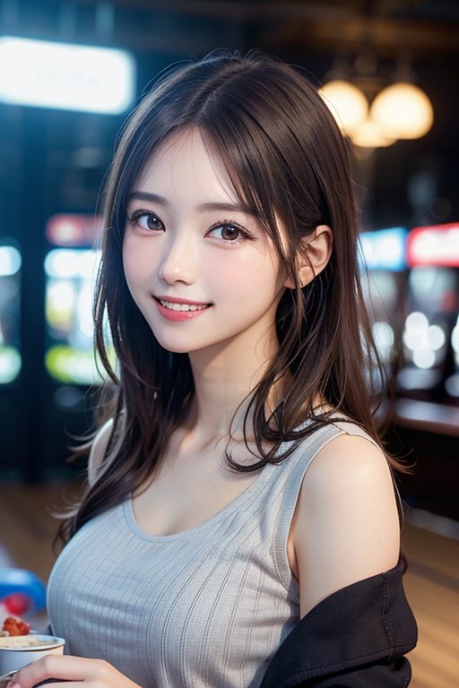 A photorealistic AI-generated portrait of a young East Asian woman with long brown hair, wearing a light grey tank top and a black jacket draped over her shoulder, smiling gently indoors.