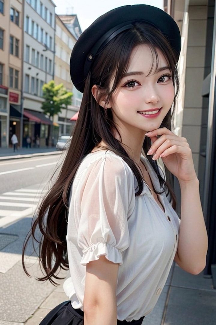 A smiling young woman with long dark hair and a black beret poses on a city street.
