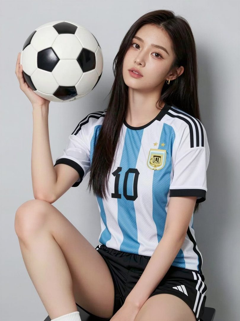 A young woman with long black hair, wearing an Argentina soccer jersey and black shorts, holds a soccer ball.
