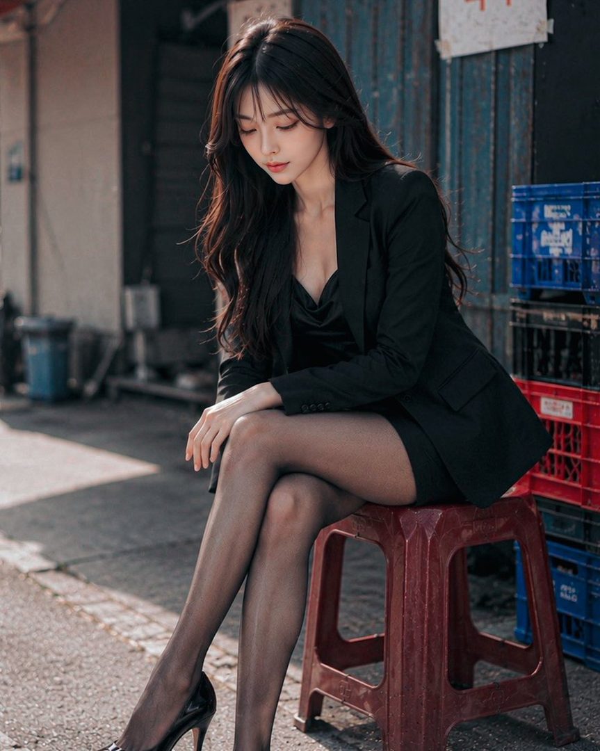 A woman with long black hair, wearing a black suit jacket and dress, sits on a red stool on a street.