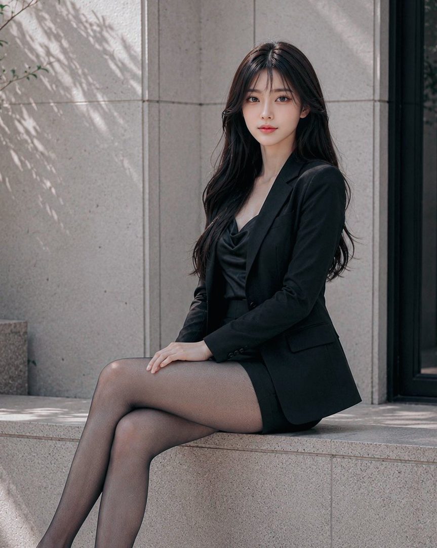 A young woman with long black hair wearing a black suit and sheer tights sits outdoors.