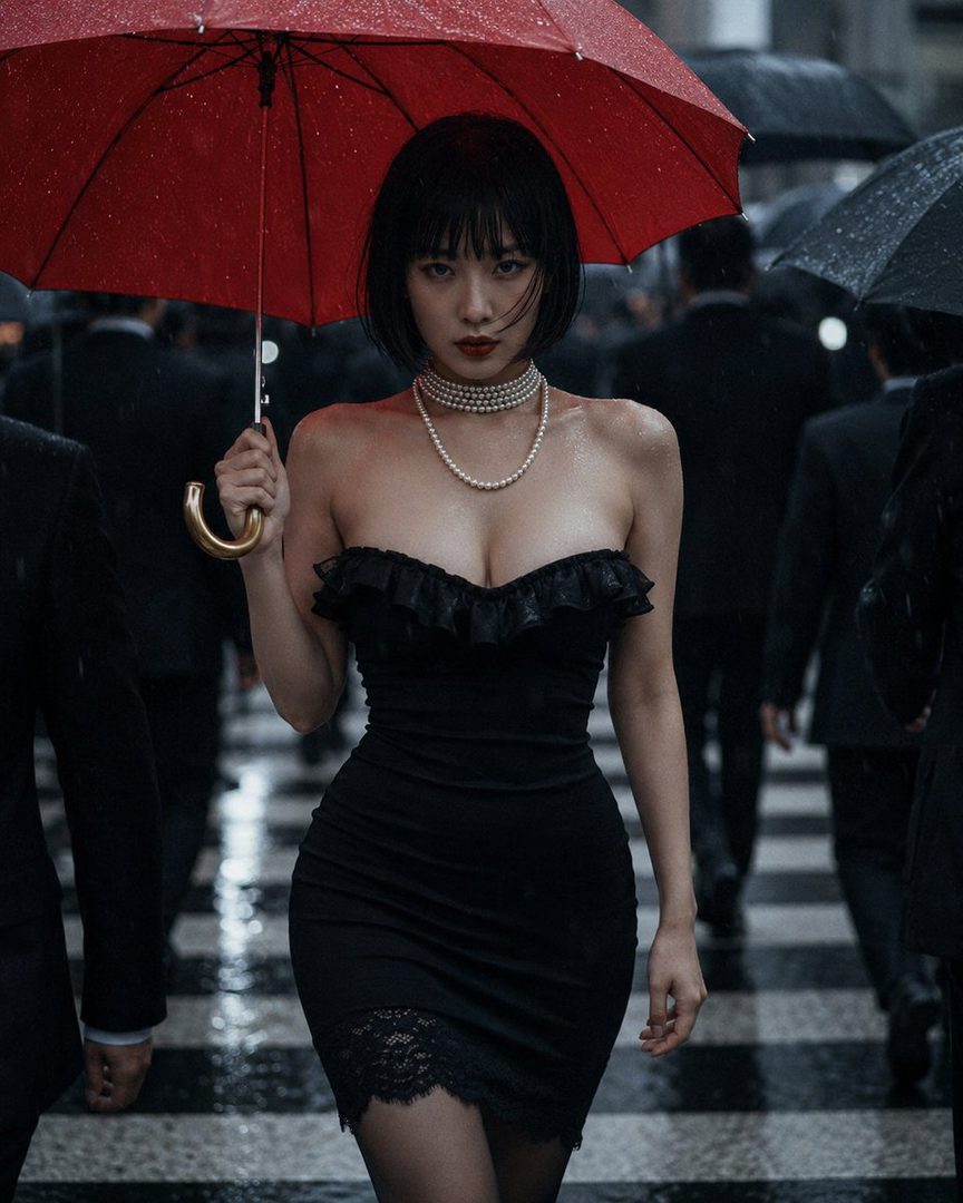 A woman with a black bob haircut and a black strapless dress walks through a rainy city street, holding a red umbrella.