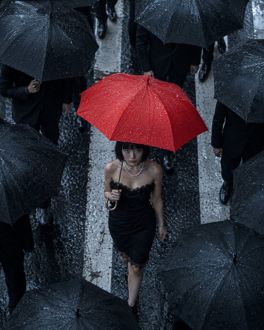 A woman with a red umbrella walks through a rainy city street, surrounded by people with black umbrellas.