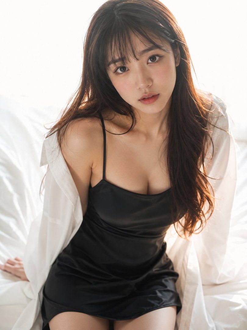 A beautiful East Asian woman with long brown hair and bangs wears a black slip dress and white shirt, sitting on a bed.