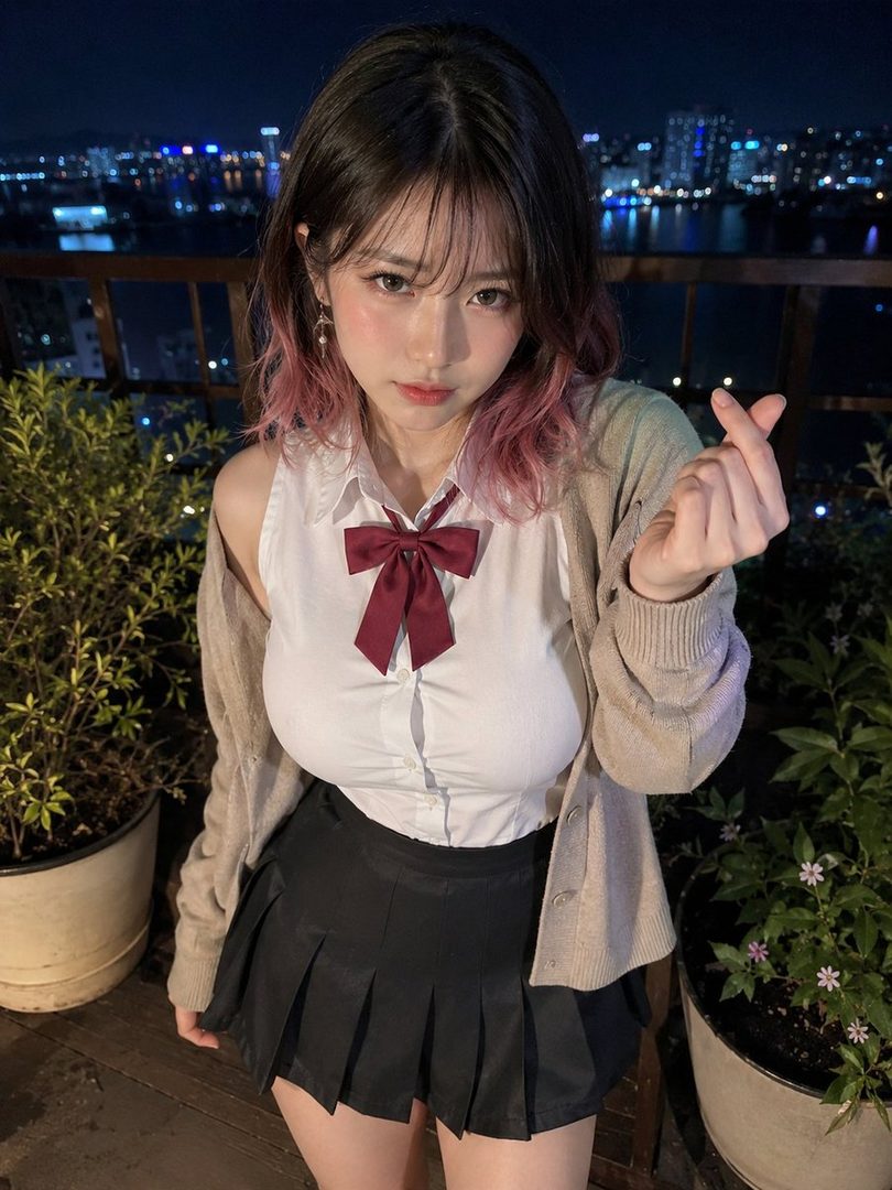 A young East Asian woman with pink-tipped hair and a school-inspired outfit makes a finger heart gesture on a city balcony at night.