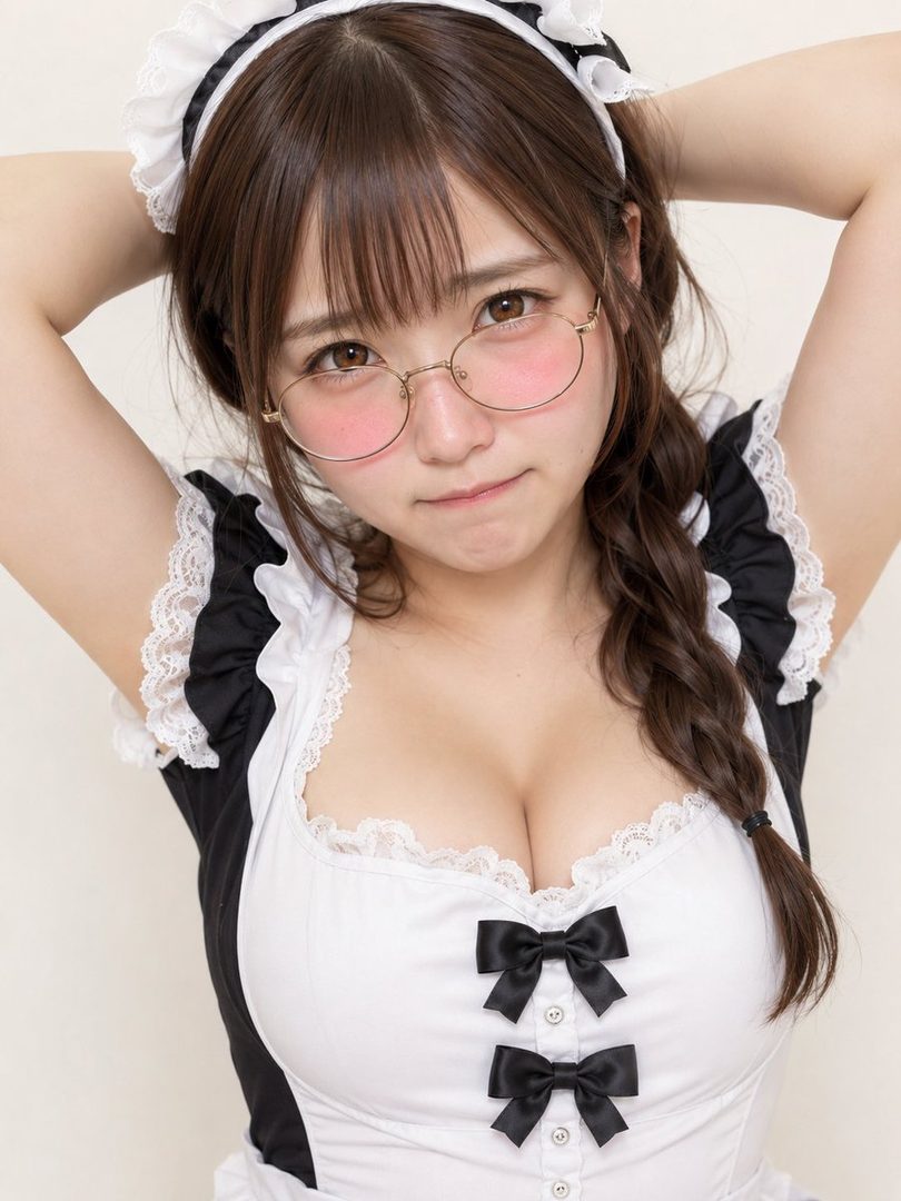 A cute East Asian woman in a maid outfit with glasses and flushed cheeks poses for a portrait.