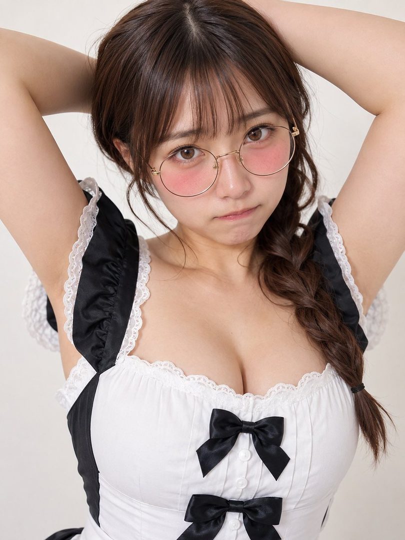 A cute East Asian woman in a maid outfit and glasses poses with her arms raised behind her head, looking shyly at the camera.